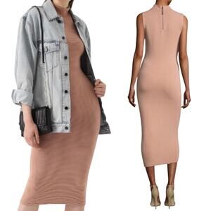Alice + Olivia Hana Mock Neck Midi Ribbed Knit Sweater Dress Bodycon Rose Tan S